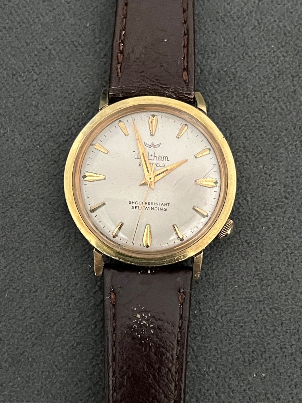 Waltham Men's Gold-Tone 21 Jewels Self-Winding Watch with Brown Leather Strap